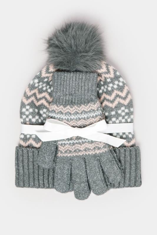 Evans Yours Grey Fair Isle Bobble Hat & Glove Set