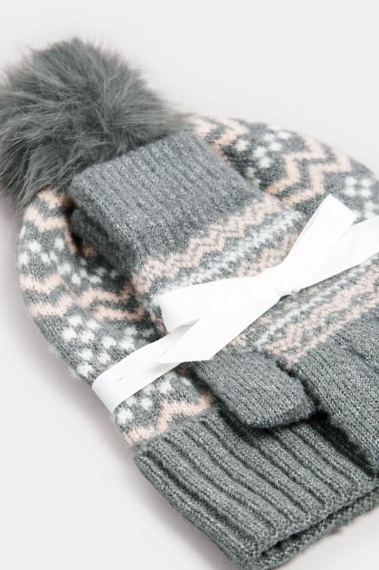 Evans Yours Grey Fair Isle Bobble Hat & Glove Set