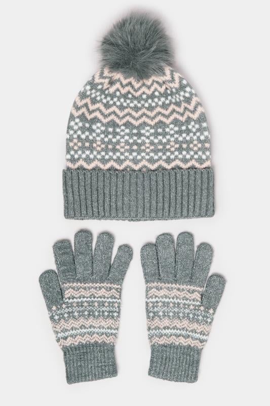 Evans Yours Grey Fair Isle Bobble Hat & Glove Set