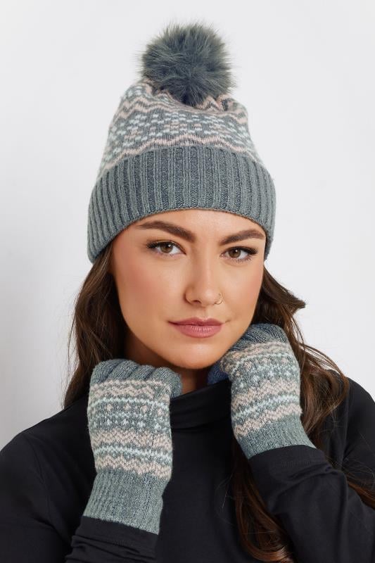 evans Yours Grey Fair Isle Bobble Hat & Glove Set