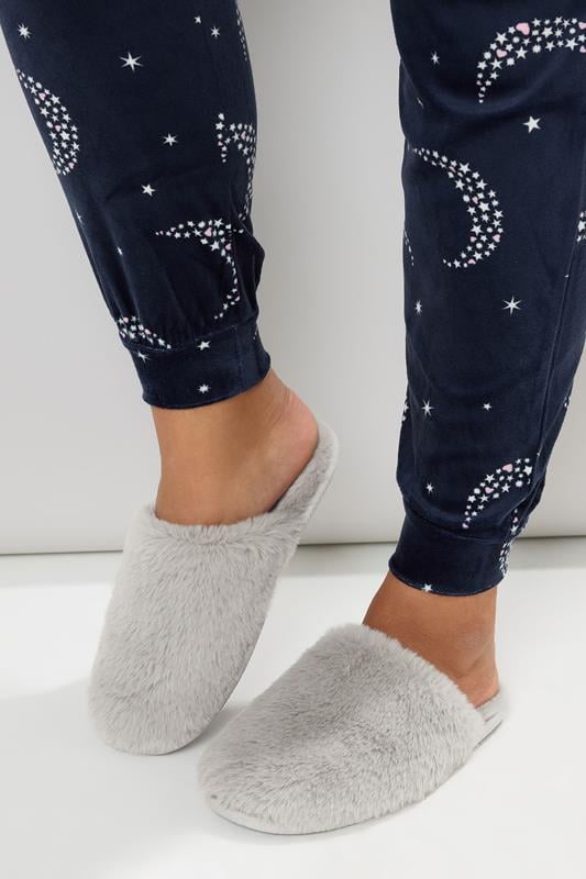 evans Yours Grey Plush Faux Fur Mule Slippers