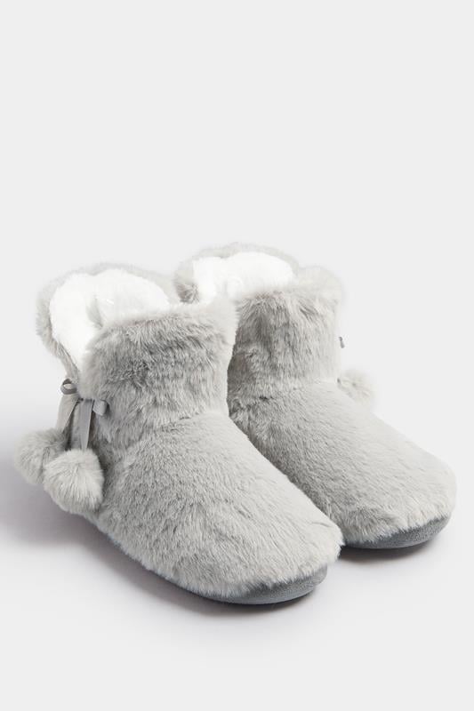 Evans Yours Grey Pom Pom Faux Fur Boot Slippers