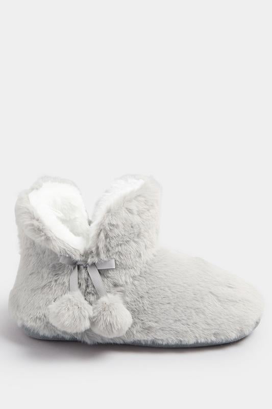 Evans Yours Grey Pom Pom Faux Fur Boot Slippers