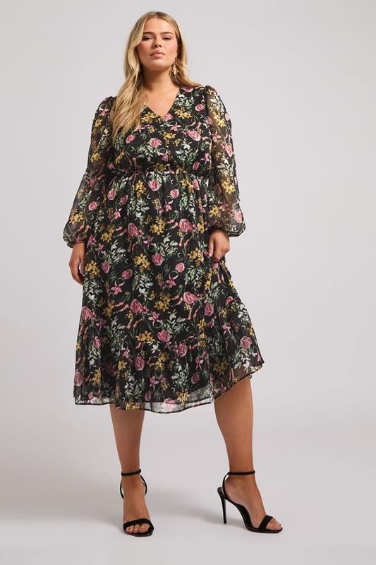 Evans YOURS LONDON Curve Black Floral Midaxi Dress