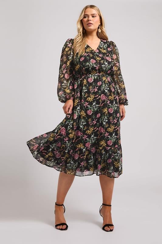 evans YOURS LONDON Curve Black Floral Midaxi Dress