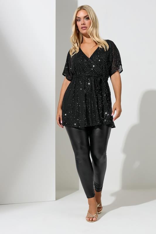 Evans YOURS LONDON Curve Black Sequin Wrap Top