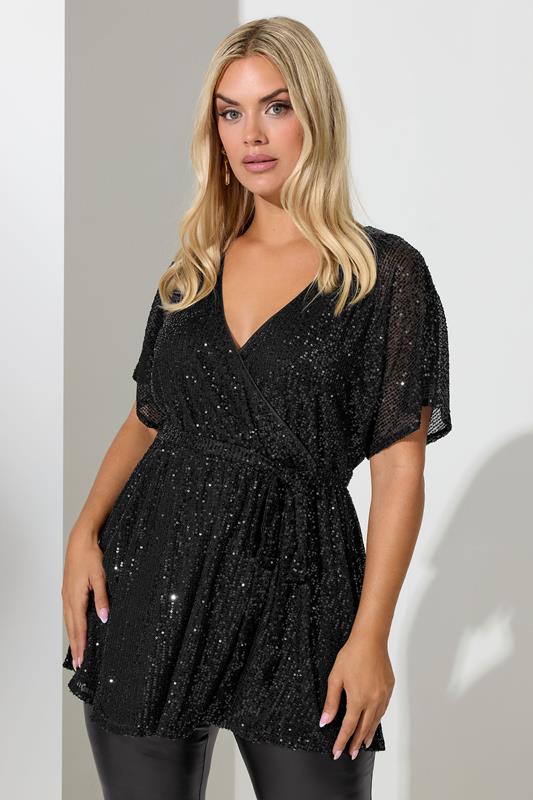 evans YOURS LONDON Curve Black Sequin Wrap Top
