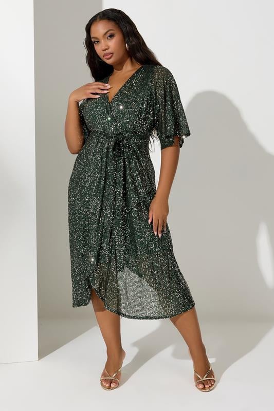 evans YOURS LONDON Curve Green Sequin Wrap Dress