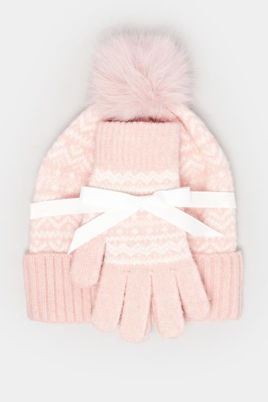 Evans Yours Pink Fair Isle Bobble Hat & Glove Set