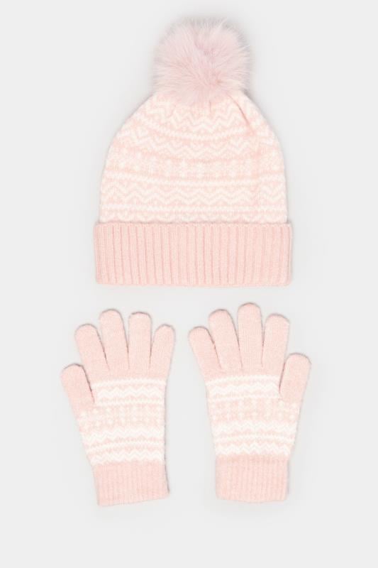 Evans Yours Pink Fair Isle Bobble Hat & Glove Set