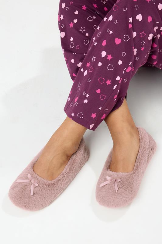 Evans Yours Pink Plush Bow Front Ballet Slippers