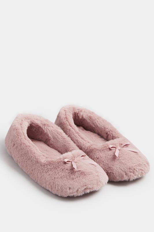 Evans Yours Pink Plush Bow Front Ballet Slippers