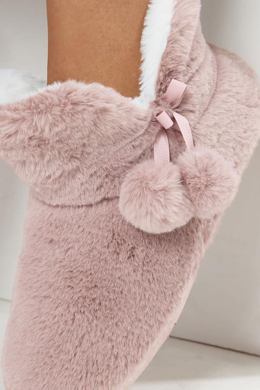 Evans Yours Pink Pom Pom Faux Fur Boot Slippers