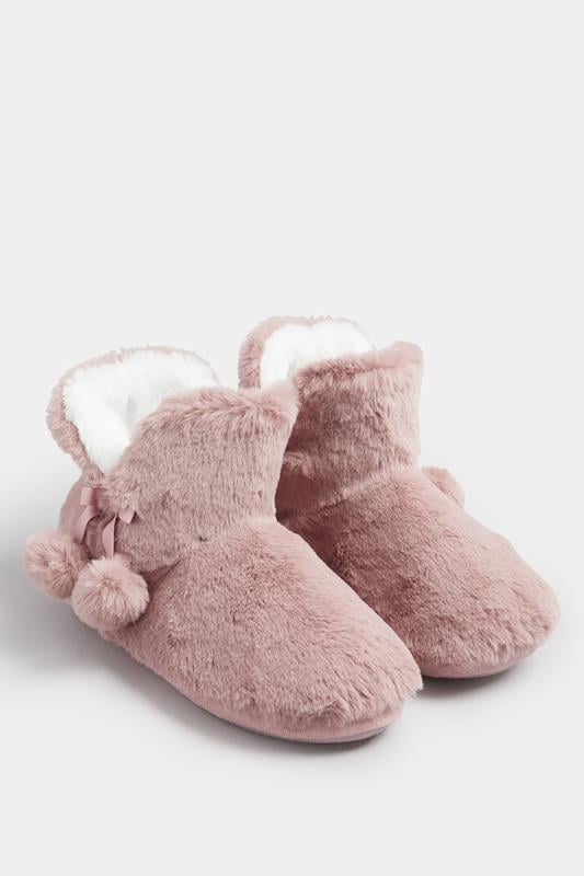 Evans Yours Pink Pom Pom Faux Fur Boot Slippers