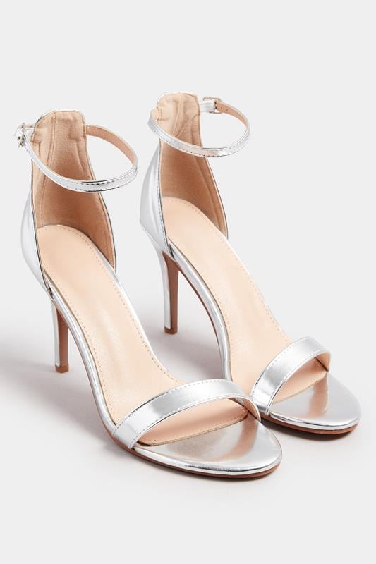 Evans Yours Silver Ankle Strap Heels In Wide E Fit