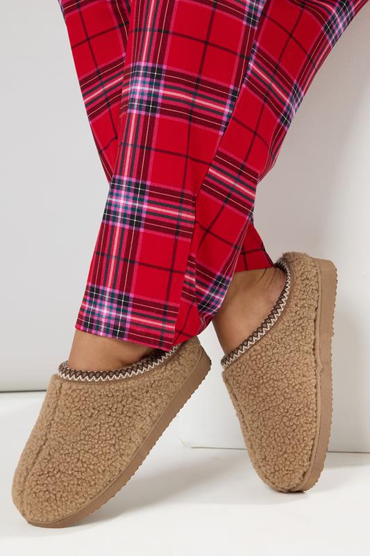evans Yours Tan Brown Borg Stitch Mules