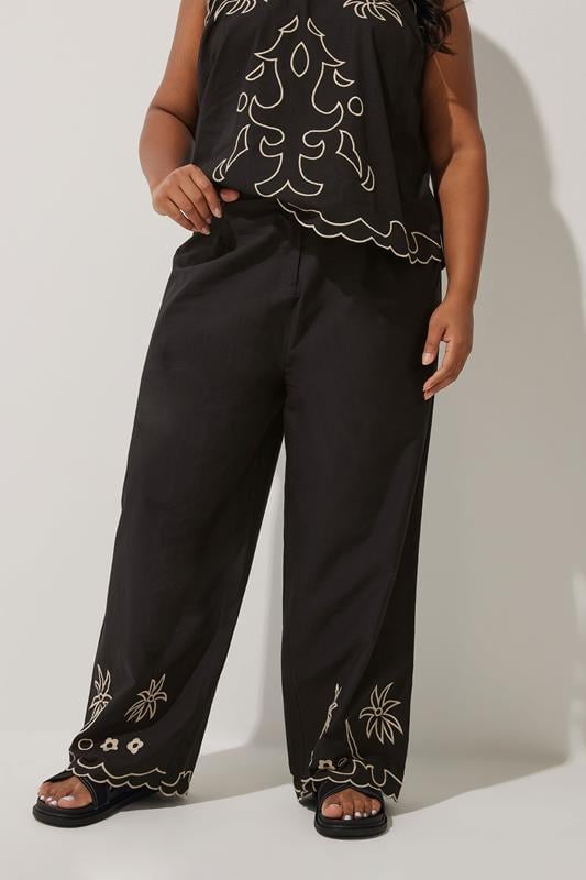 Evans LIMITED COLLECTION Curve Black Embroidered Wide Leg Trousers