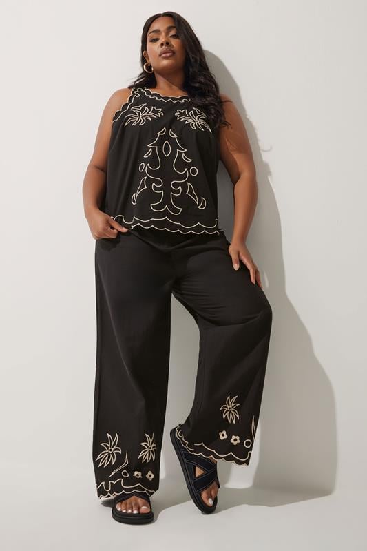 Evans LIMITED COLLECTION Curve Black Embroidered Wide Leg Trousers