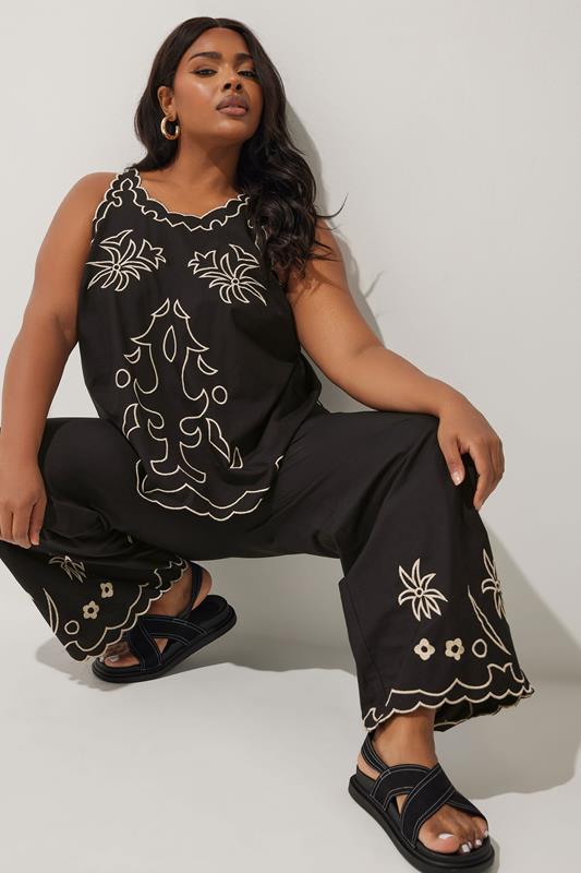 evans LIMITED COLLECTION Curve Black Embroidered Wide Leg Trousers
