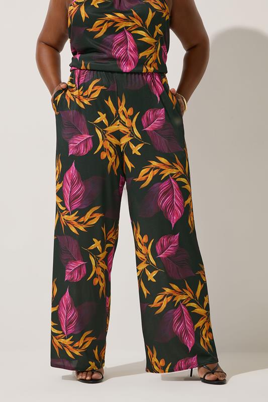Evans LIMITED COLLECTION Curve Black Tropical Palm Print Wide Leg Trousers