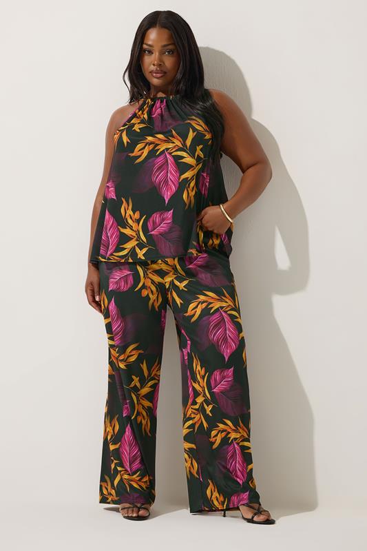evans LIMITED COLLECTION Curve Black Tropical Palm Print Wide Leg Trousers