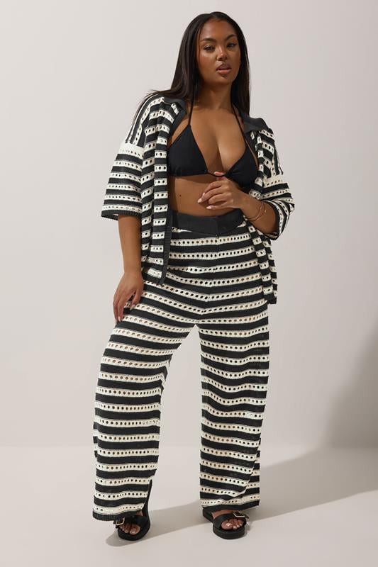 Evans LIMITED COLLECTION Curve Black & White Stripe Crochet Wide Leg Trousers