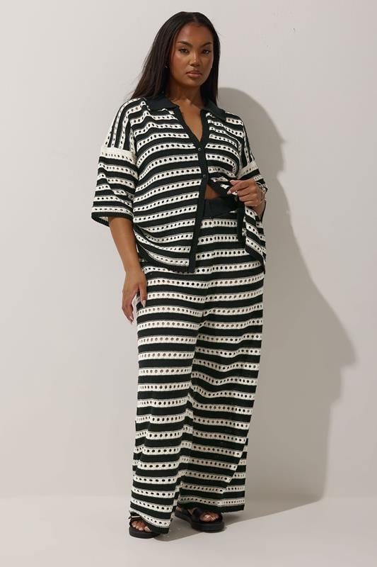evans LIMITED COLLECTION Curve Black & White Stripe Crochet Wide Leg Trousers