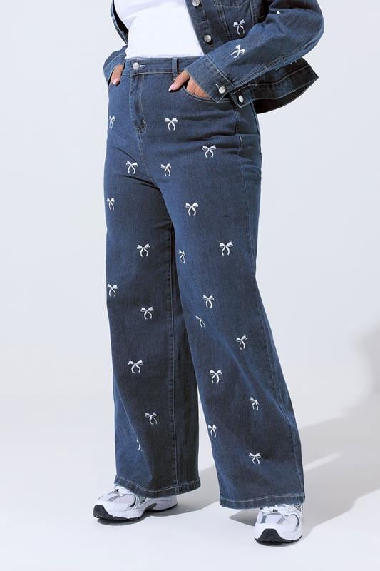 Evans LIMITED COLLECTION Curve Blue Bow Embroidered Wide Leg Jeans