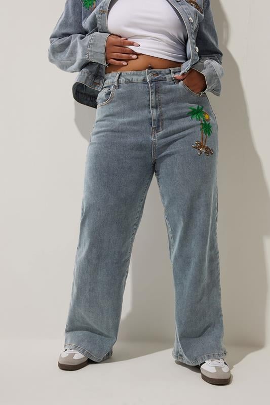 Evans LIMITED COLLECTION Curve Blue Denim Palm Tree Embroidered Jeans