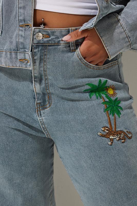 Evans LIMITED COLLECTION Curve Blue Denim Palm Tree Embroidered Jeans