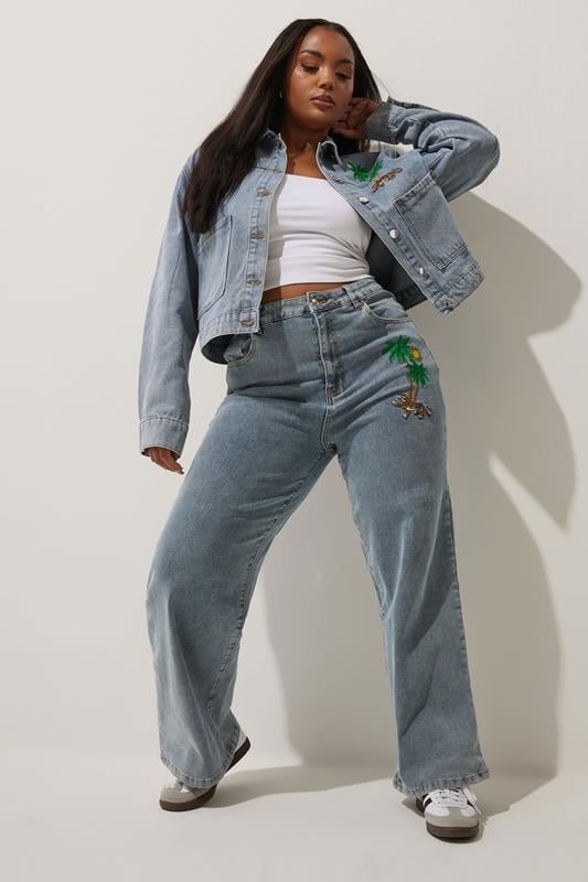 evans LIMITED COLLECTION Curve Blue Denim Palm Tree Embroidered Jeans