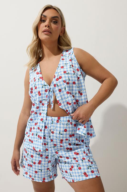evans LIMITED COLLECTION Curve Blue Gingham Cherry Print Shorts