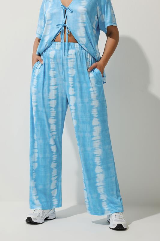Evans LIMITED COLLECTION Curve Blue Ribbed Tie Dye Wide Leg Trousers