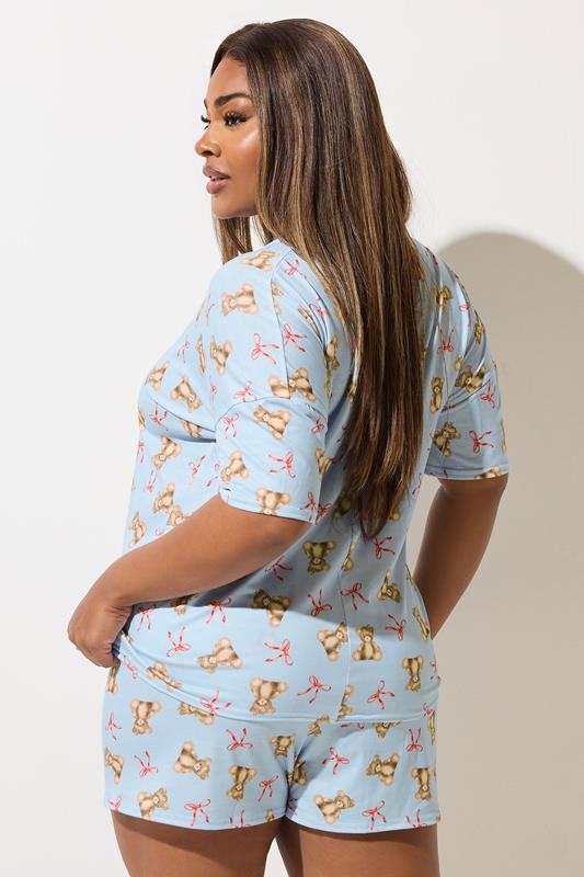 Evans LIMITED COLLECTION Curve Blue Teddy Bear Bow Short Pyjama Set