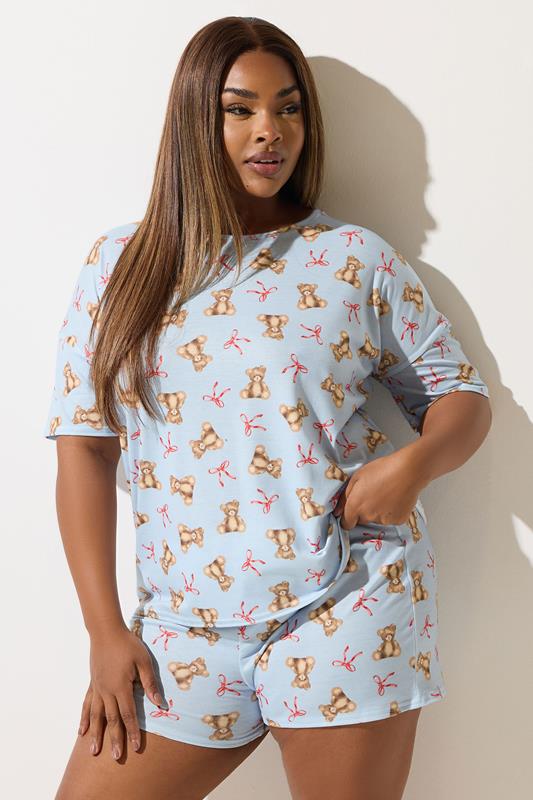 evans LIMITED COLLECTION Curve Blue Teddy Bear Bow Short Pyjama Set