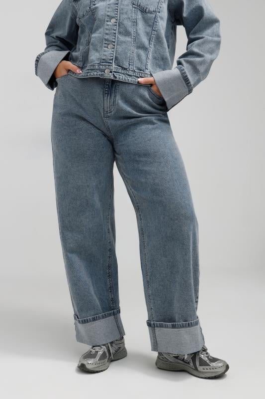 Evans LIMITED COLLECTION Curve Blue Washed Denim Turn Up Jeans