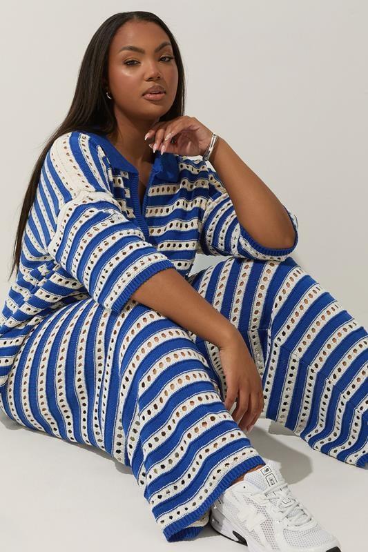 Evans LIMITED COLLECTION Curve Blue & White Stripe Crochet Wide Leg Trousers