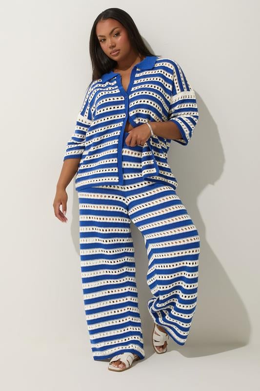 evans LIMITED COLLECTION Curve Blue & White Stripe Crochet Wide Leg Trousers