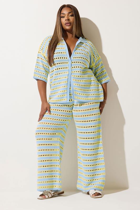 evans LIMITED COLLECTION Curve Blue & Yellow Stripe Crochet Wide Leg Trousers