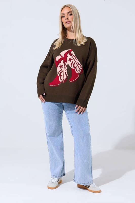 Evans LIMITED COLLECTION Curve Brown Cowboy Boot Knitted Jumper