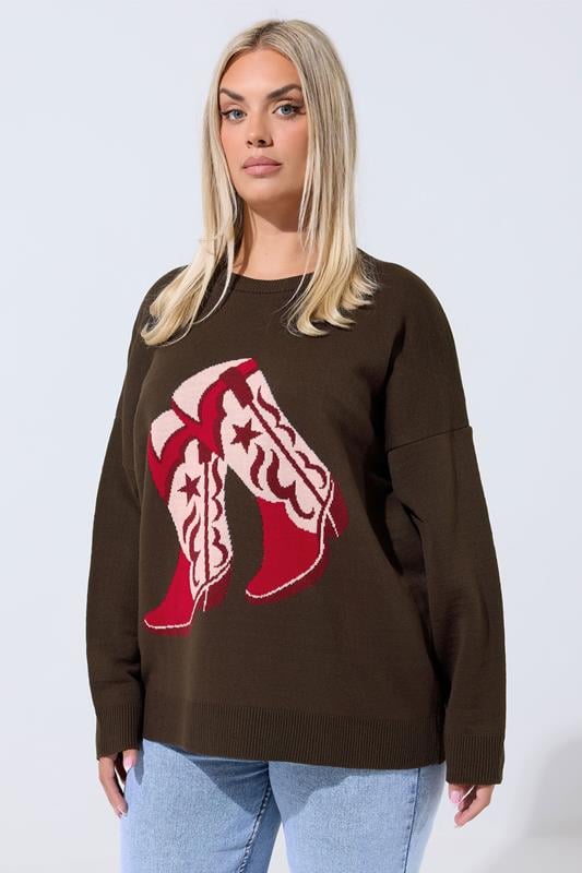 evans LIMITED COLLECTION Curve Brown Cowboy Boot Knitted Jumper