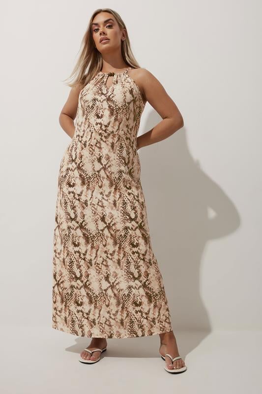 evans LIMITED COLLECTION Curve Brown Snake Print Beaded Halter Neck Dress