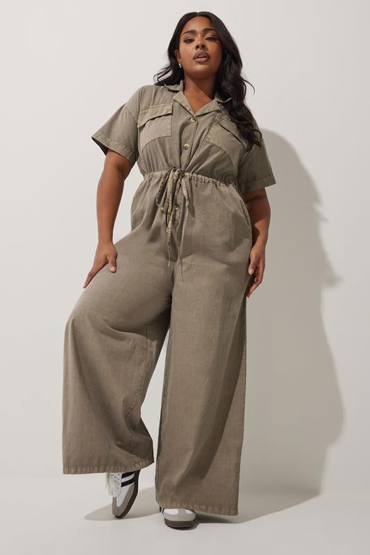 Evans LIMITED COLLECTION Curve Brown Washed Tie Waist Jumpsuit