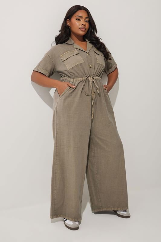 evans LIMITED COLLECTION Curve Brown Washed Tie Waist Jumpsuit