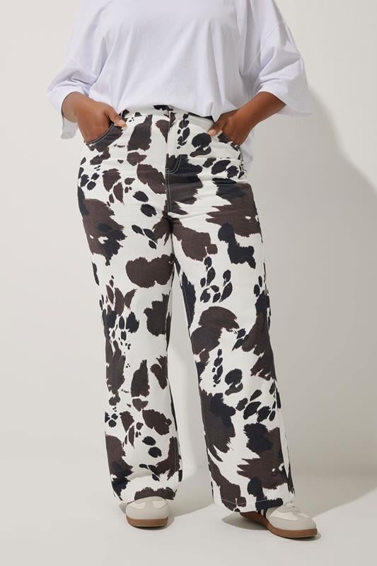 Evans LIMITED COLLECTION Curve Brown & White Cow Print Wide Leg Jeans