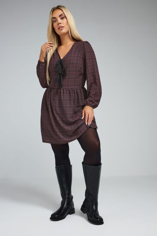 Evans LIMITED COLLECTION Curve Burgundy Red Check Bow Front Mini Dress