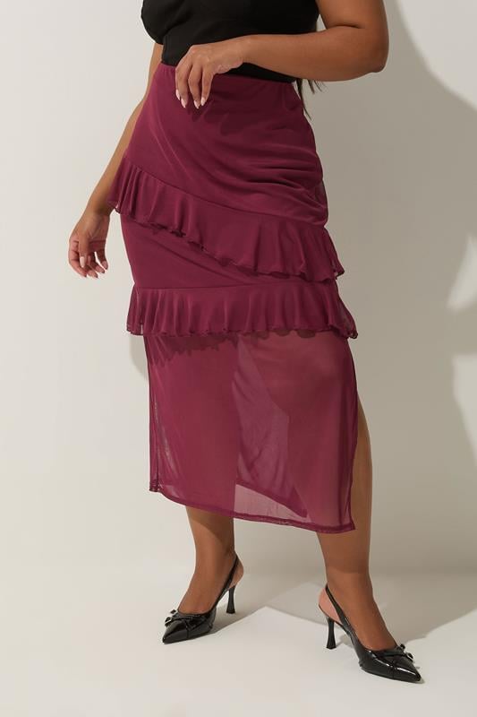 evans LIMITED COLLECTION Curve Burgundy Red Frill Mesh Skirt