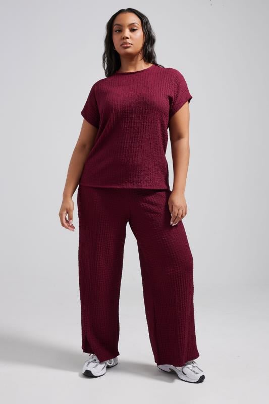 evans LIMITED COLLECTION Curve Burgundy Red Textured Wide Leg Trousers