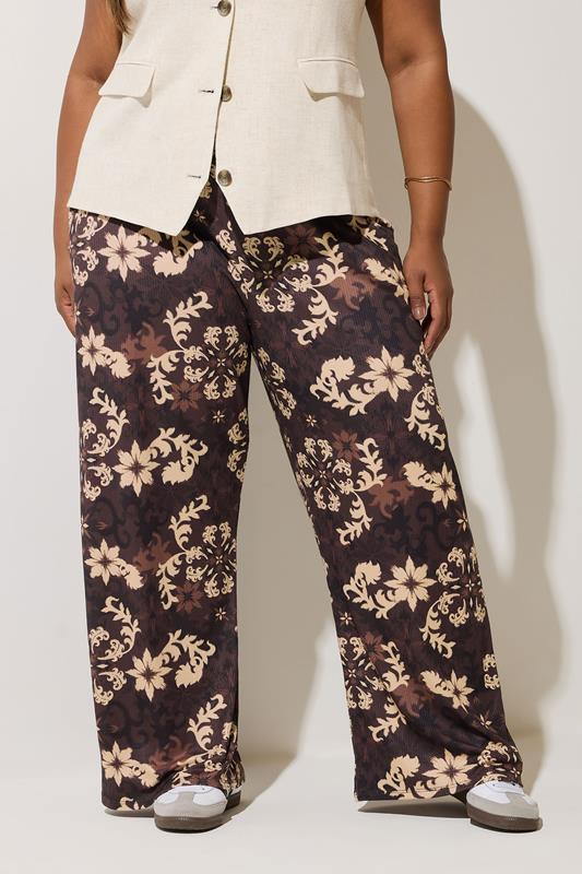 Evans LIMITED COLLECTION Curve Chocolate Brown Floral Wide Leg Trousers