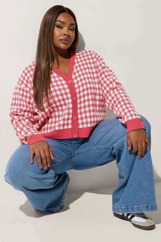 evans LIMITED COLLECTION Curve Coral Pink Gingham Knitted Cardigan